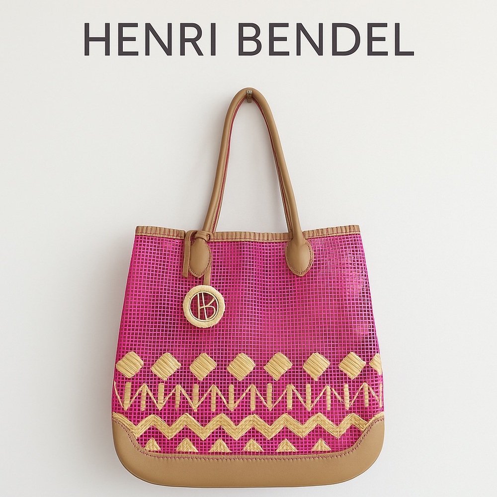 Henri Bendel Pink Raffia Mesh Tote Bag – Summer Beach Travel HB Charm - Picture 1 of 8